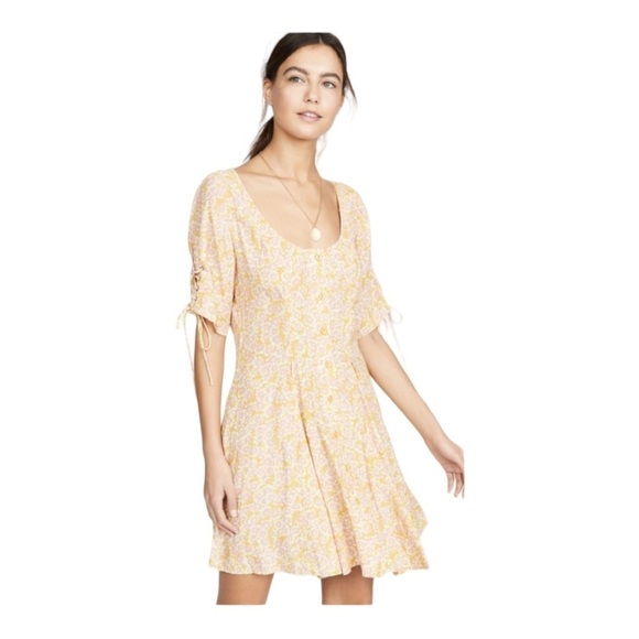 FREE PEOPLE Revolve Yellow Floral Laced Up Mini Dress Button Front Small - Picture 5 of 14